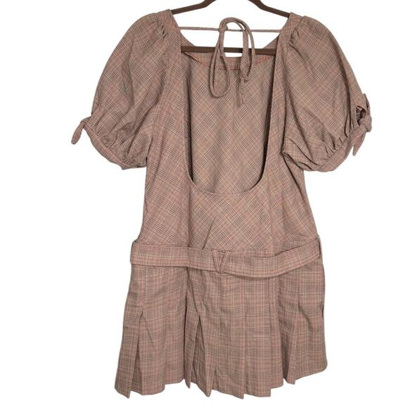 Free People Sevi Plaid Mini Dress Women's XL Drop Waist Belt Pleated Pink NEW - Picture 4 of 8